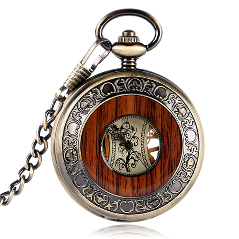 Luxury Wood Circle Skeleton Pocket Watch
